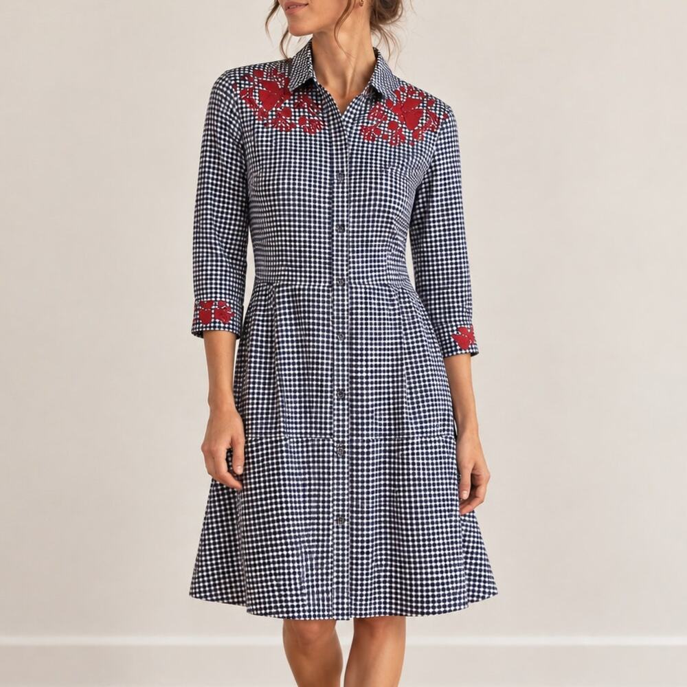 Brora Navy White Gingham Embroidered Shirt Dress Size 12 100% Cotton Folk Preppy